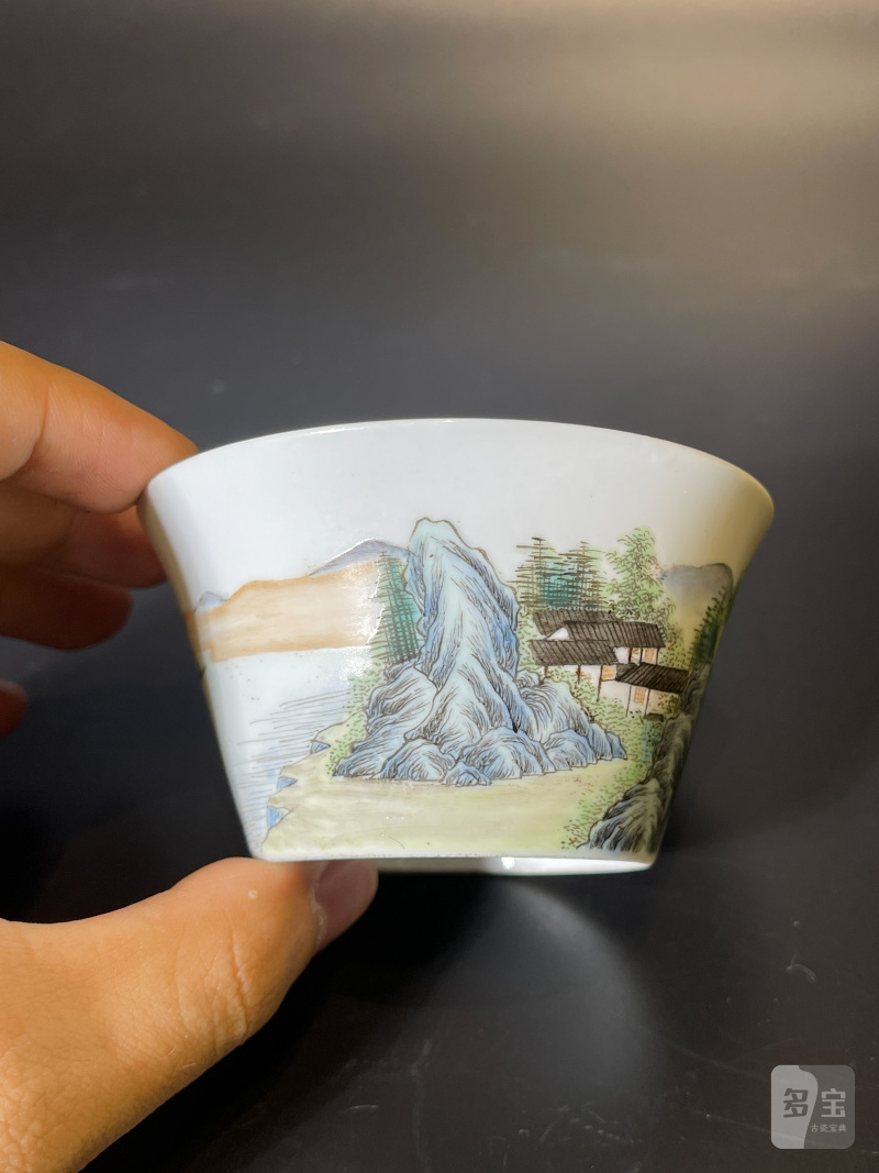 民国 粉彩山水纹马蹄杯 - 图7